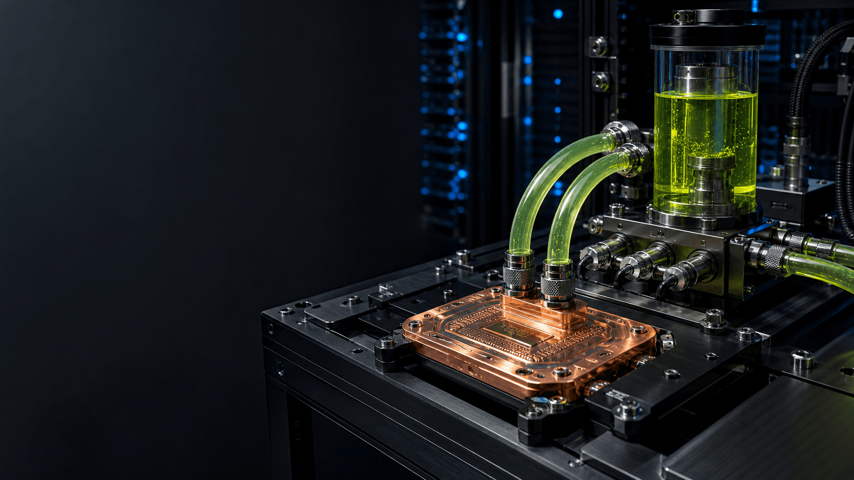 Direct liquid cooling rig with a copper cold plate, coolant lines and distribution hardware