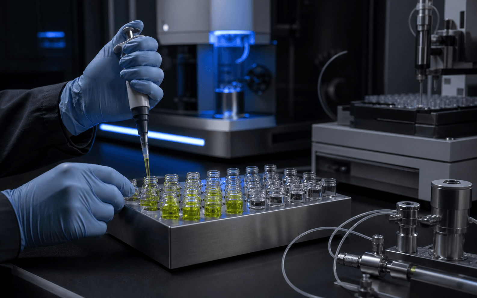 Analyst pipetting fluid samples into a controlled laboratory test array