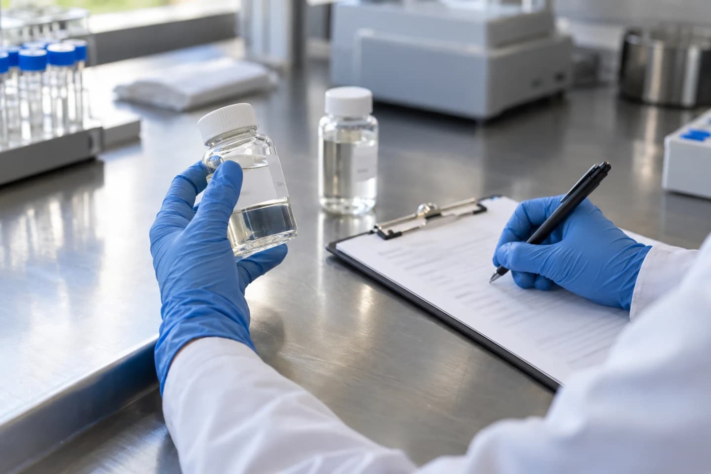 Gloved hands hold a capped fluid sample while completing its accompanying record.