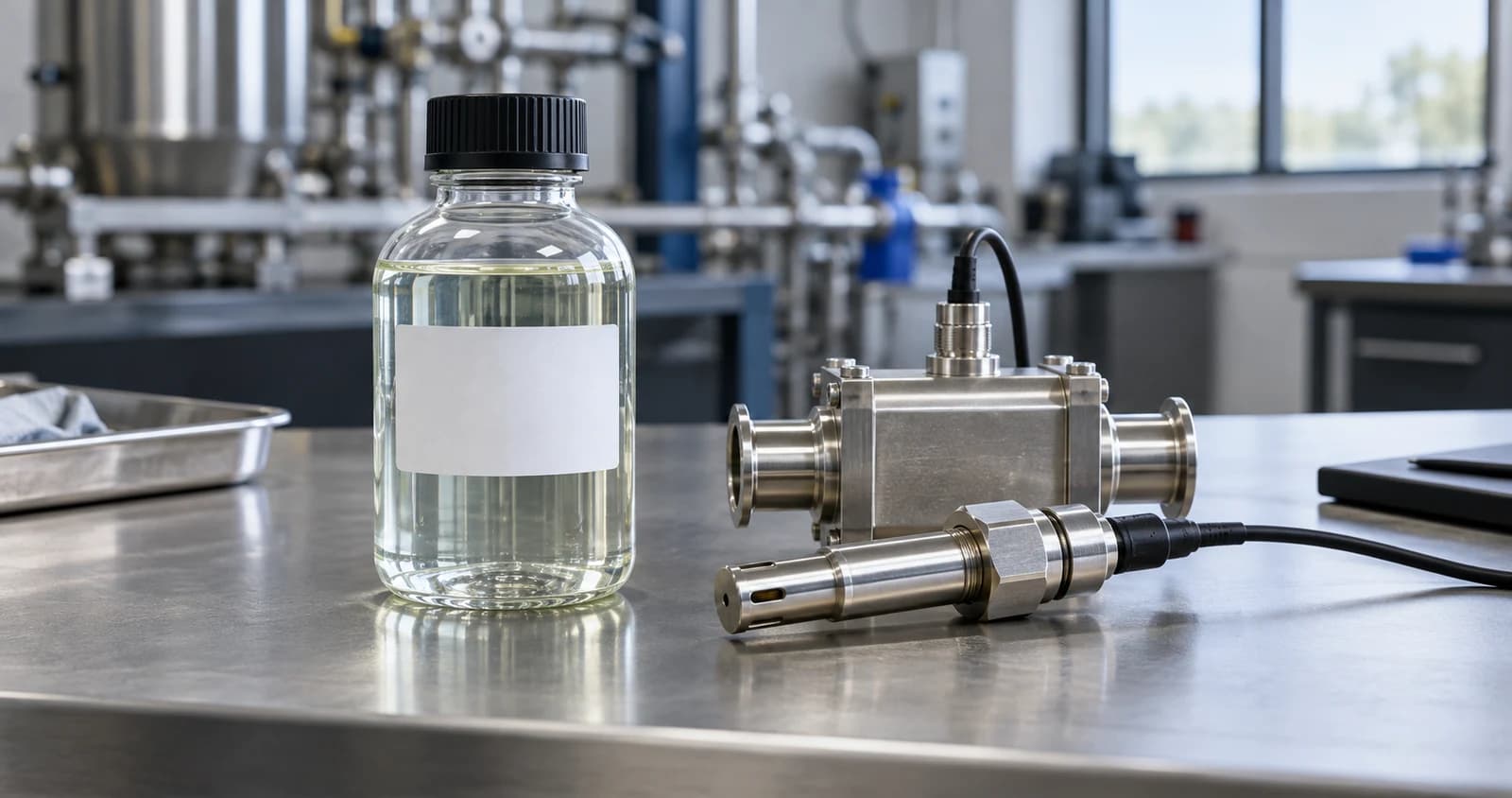 A sealed fluid sample beside a stainless sensor probe and flow cell on a laboratory bench.